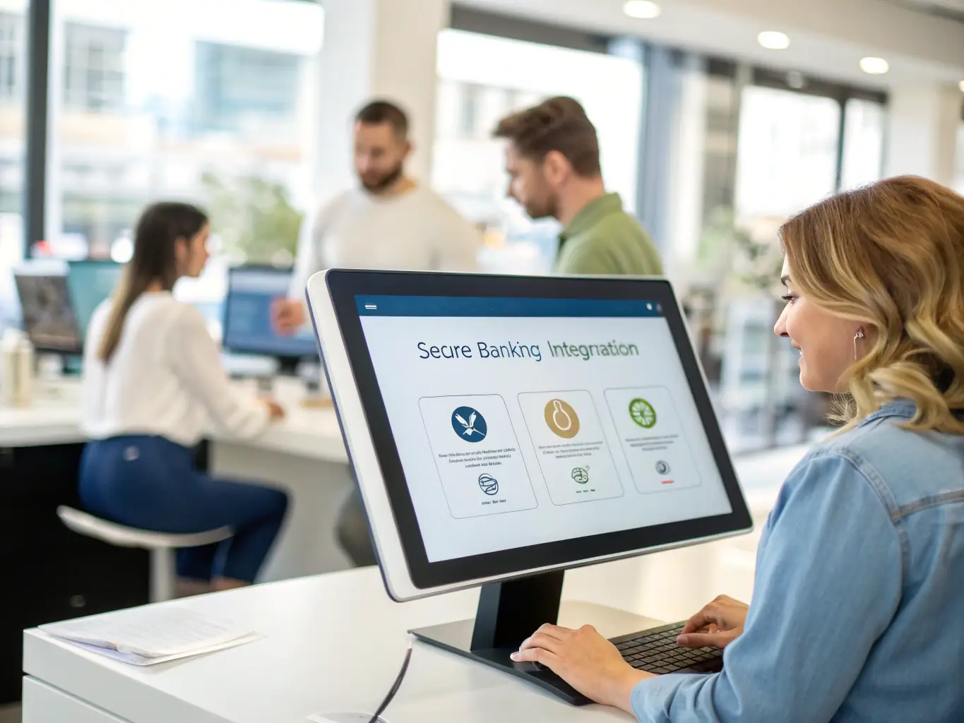 An image depicting a modern banking environment with digital interfaces and secure financial transactions, representing the banking services sector.