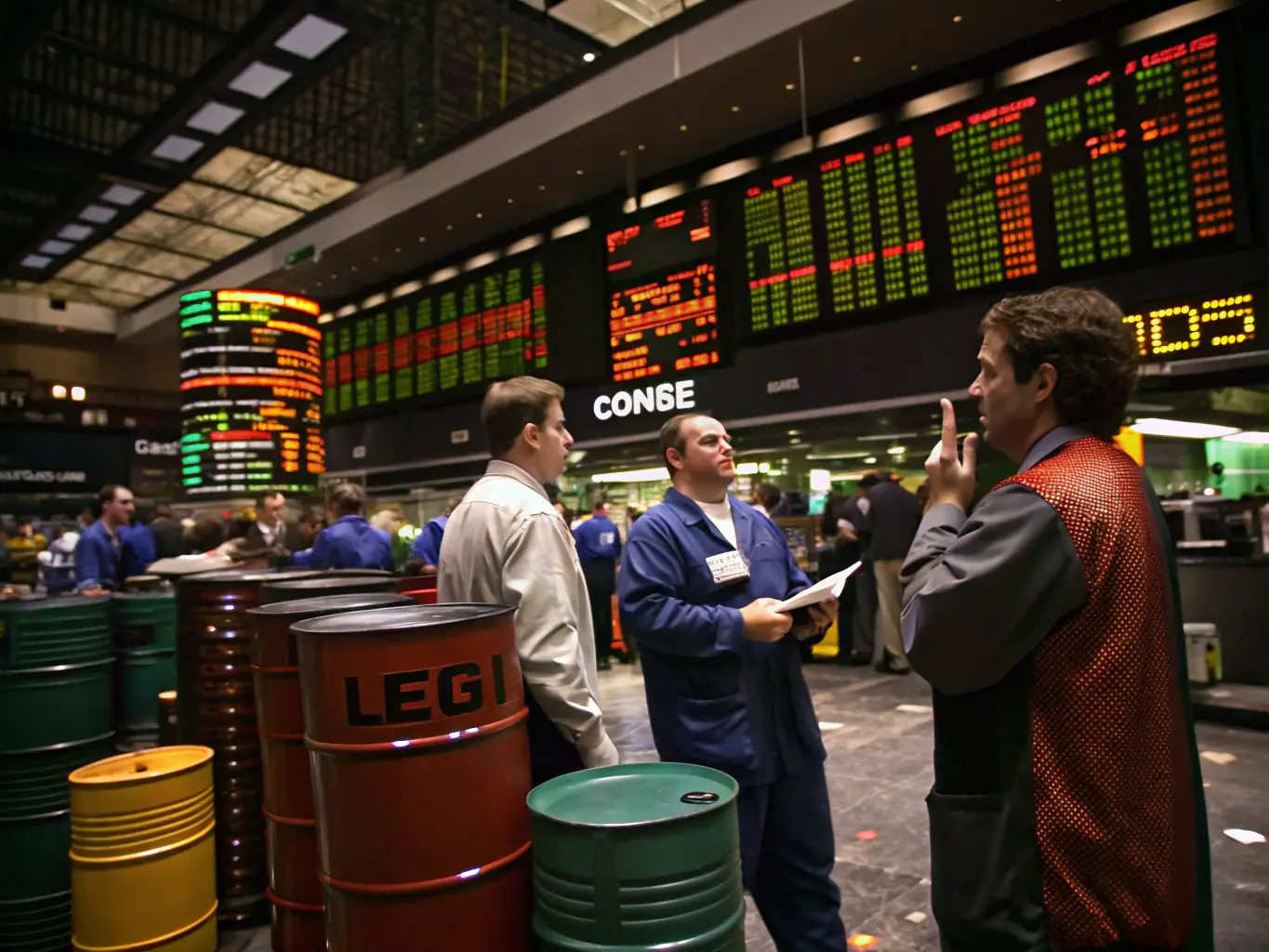 A visual representation of the Hungarian stock exchange, with traders and real-time market data displayed on screens, highlighting the dynamics of the financial market.