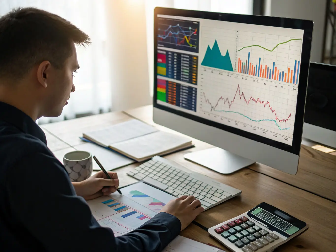 A focused image of a financial analyst working on a complex economic model, surrounded by data charts and graphs, symbolizing in-depth economic research.