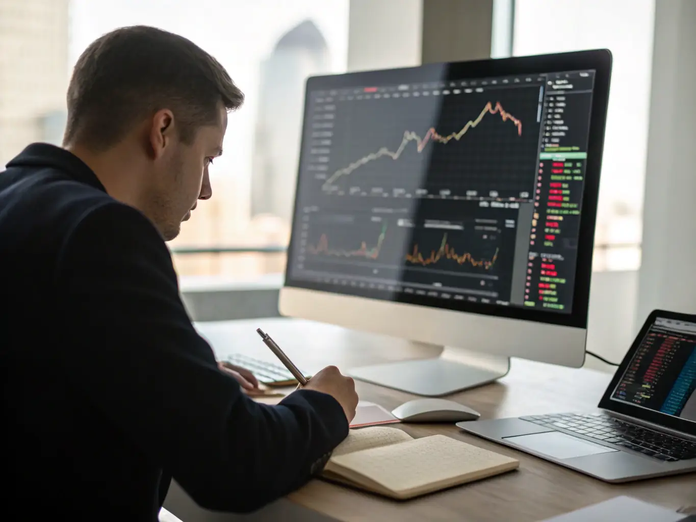 A professional analyst reviewing financial data on a computer screen, with charts and graphs visible in the background.